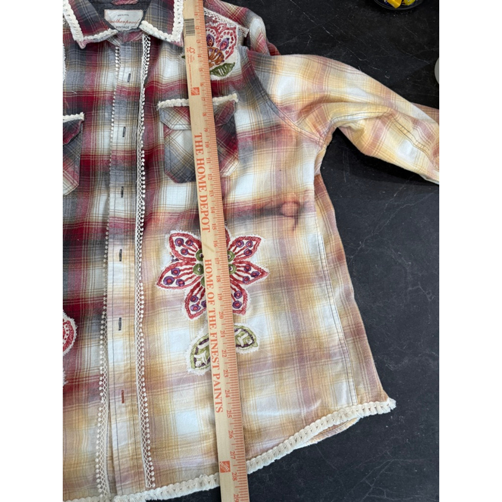 Upcycled Tie-Dye Red Flannel Shirt Button Down with Floral Appliqués - Picture 4 of 6